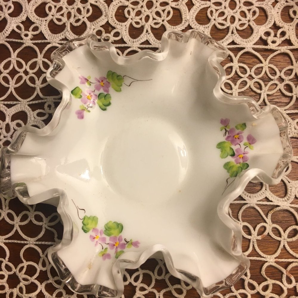 FENTON Silver Crest Milk Glass Bowl, Ruffled Rim, Hand Painted, Signed